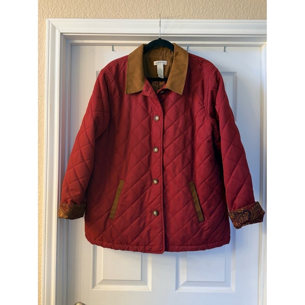 Orvis Quilted Barn Chore Jacket Red Faux Suede Collar Paisley Lined